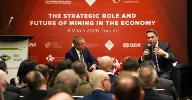 Energy and Natural Resources Minister Alparslan Bayraktar (R) speaks during an event, Toronto, Canada, March 3, 2026. (AA Photo)