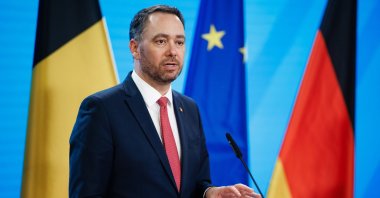 Belgian Foreign Minister Maxime Prevot gestures during a joint press conference with the German foreign minister at the foreign ministry in Berlin, Germany, Feb. 25, 2026. (EPA Photo)