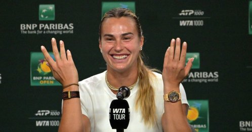 Aryna Sabalenka speaks to the media during a news conference at the BNP Paribas Open at the Indian Wells Tennis Garden in Indian Wells, California, U.S., March 3, 2026. (Reuters Photo)