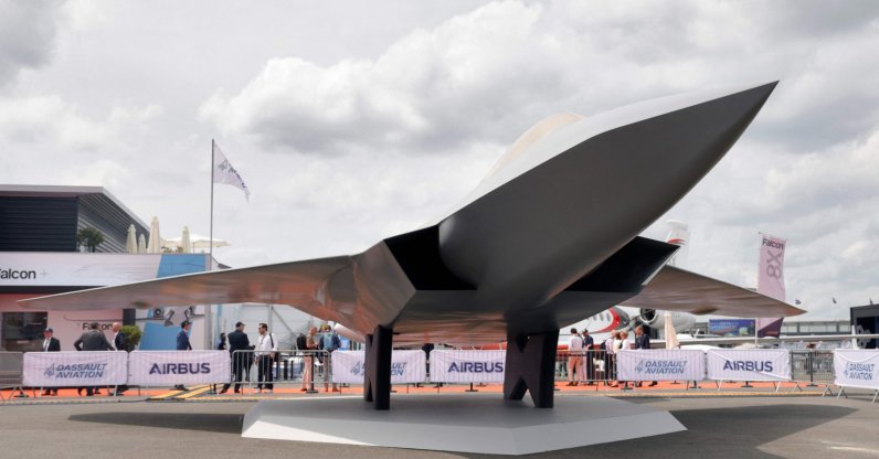 A full size model of the "New Generation fighter", part of the Future Combat Air System (FCAS), under development by Dassault Aviation, Airbus and Indra Sistemas, is presented at the Paris-Le Bourget Airport, France, June 20, 2023. (AFP Photo)