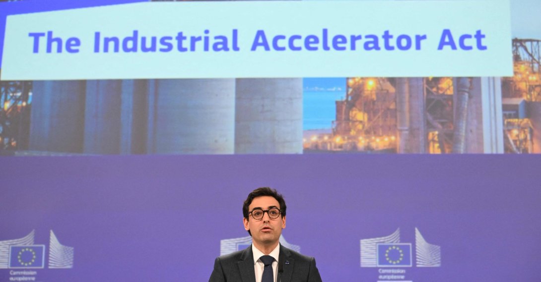 EU Executive Vice-President for Prosperity and Industrial Strategy Stephane Sejourne gives a press conference to unveil EU "Industrial Accelerator Act," Brussels, Belgium, March 4, 2026. (AFP Photo)