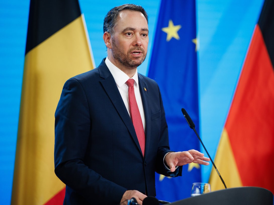 Belgian Foreign Minister Maxime Prevot gestures during a joint press conference with the German foreign minister at the foreign ministry in Berlin, Germany, Feb. 25, 2026. (EPA Photo)