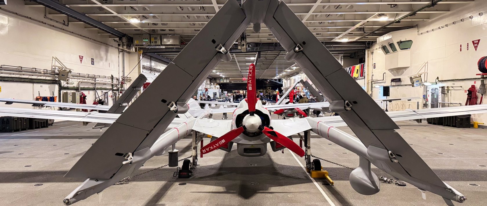 A view of the Turkish defense industry exhibition held aboard TCG Anadolu docked at the Port of Rotterdam as part of Steadfast Dart 2026, showcasing Türkiye’s defense technologies during the NATO drill in the Netherlands, Feb. 27, 2026. (AA File Photo)