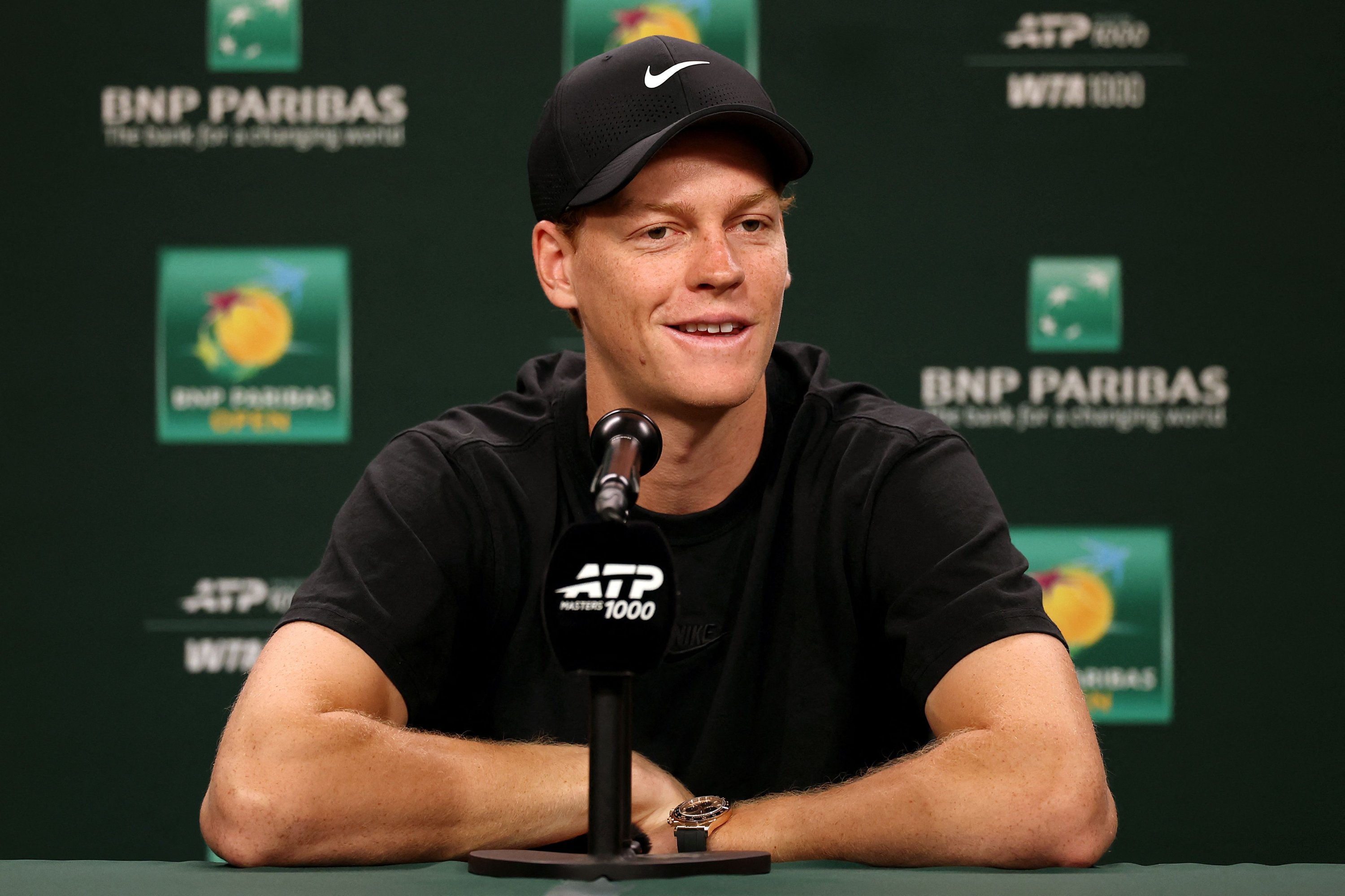Italy's Jannik Sinner fields questions on media day during the BNP Paribas Open at the Indian Wells Tennis Garden, Indian Wells, U.S., March 3, 2026. (AFP Photo)
 
