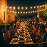 A community comes together under twinkling lights, sharing a long Ramadan iftar table in a cozy village alley. (Shutterstock Photo)