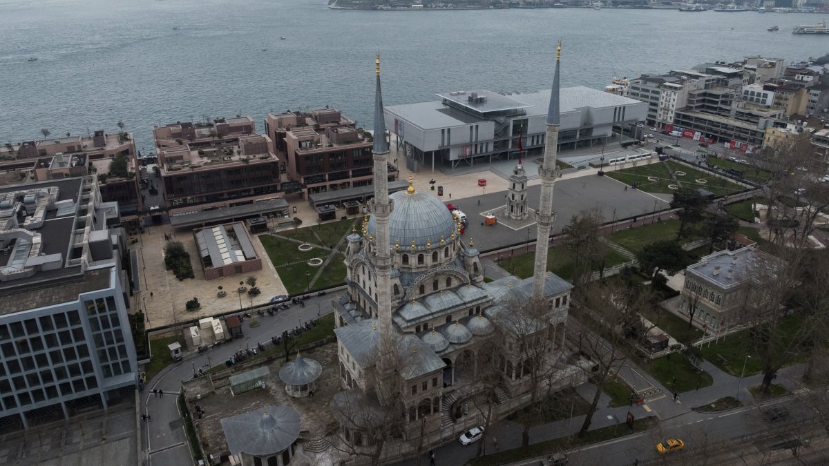 An aerial view shows Nusretiye Mosque in Tophane Square, an example of Ottoman Westernization-era architecture, Istanbul, Türkiye, March 3, 2026. (AA Photo)