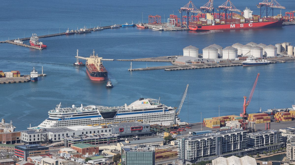Container ships are moored in the Port of Cape Town, South Africa, March 2, 2026. (EPA Photo)