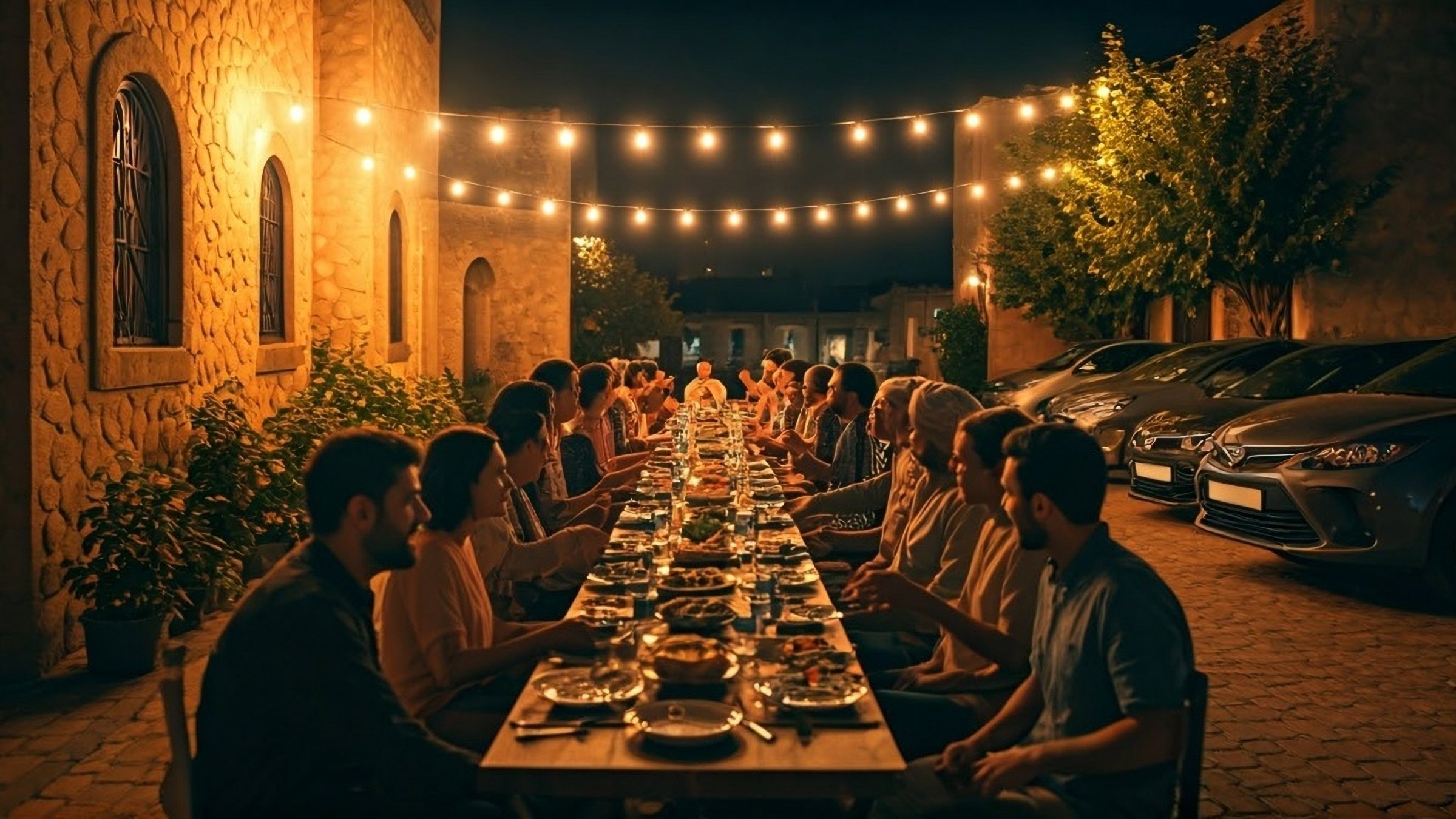 A community comes together under twinkling lights, sharing a long Ramadan iftar table in a cozy village alley. (Shutterstock Photo)