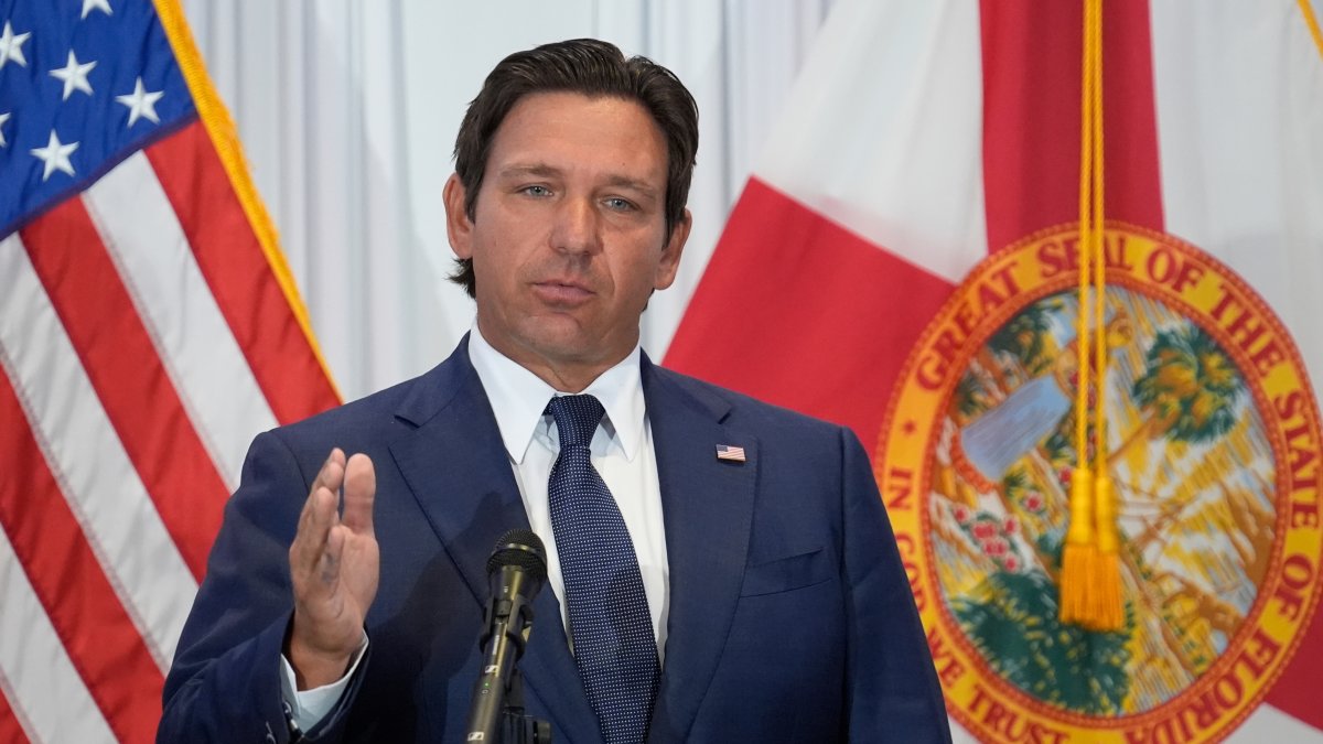 Florida Gov. Ron DeSantis speaks during a news conference in Tampa, Florida, U.S., Aug. 12, 2025. (AP Photo)