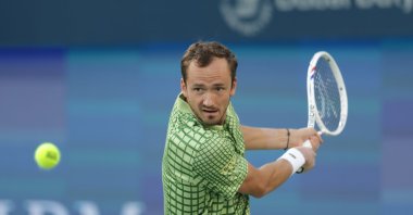 Russia's Daniil Medvedev in action during his Men's Singles semifinal match against Felix Auger-Aliassime of Canada at the Dubai Tennis ATP Championships 2026, Dubai, UAE, Feb. 27, 2026. (EPA Photo)