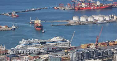 Container ships are moored in the Port of Cape Town, South Africa, March 2, 2026. (EPA Photo)