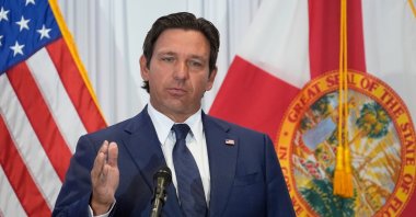 Florida Gov. Ron DeSantis speaks during a news conference in Tampa, Florida, U.S., Aug. 12, 2025. (AP Photo)