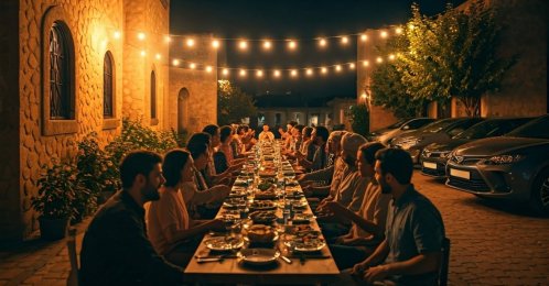 A community comes together under twinkling lights, sharing a long Ramadan iftar table in a cozy village alley. (Shutterstock Photo)