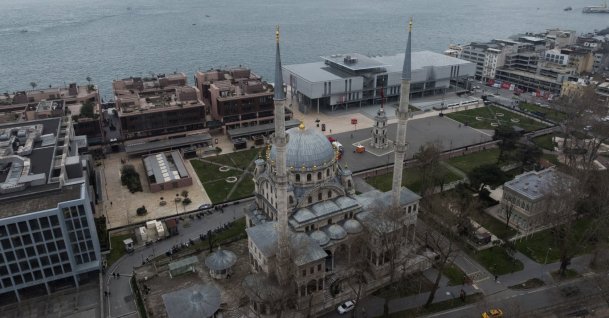 An aerial view shows Nusretiye Mosque in Tophane Square, an example of Ottoman Westernization-era architecture, Istanbul, Türkiye, March 3, 2026. (AA Photo)
