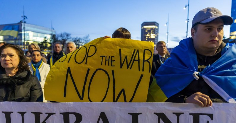 People gather during a demonstration marking the fourth anniversary of Russia’s full-scale invasion of Ukraine at Place des Nations, in front of the U.N. headquarters, Geneva, Switzerland, Feb. 24, 2026. (EPA Photo)
