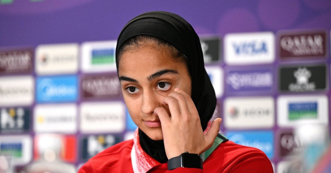 Iran's Sara Didar reacts during the Iran team press conference for the Women's Asian Cup at Gold Coast Stadium on the Gold Coast, Australia, March 4, 2026. (EPA Photo)