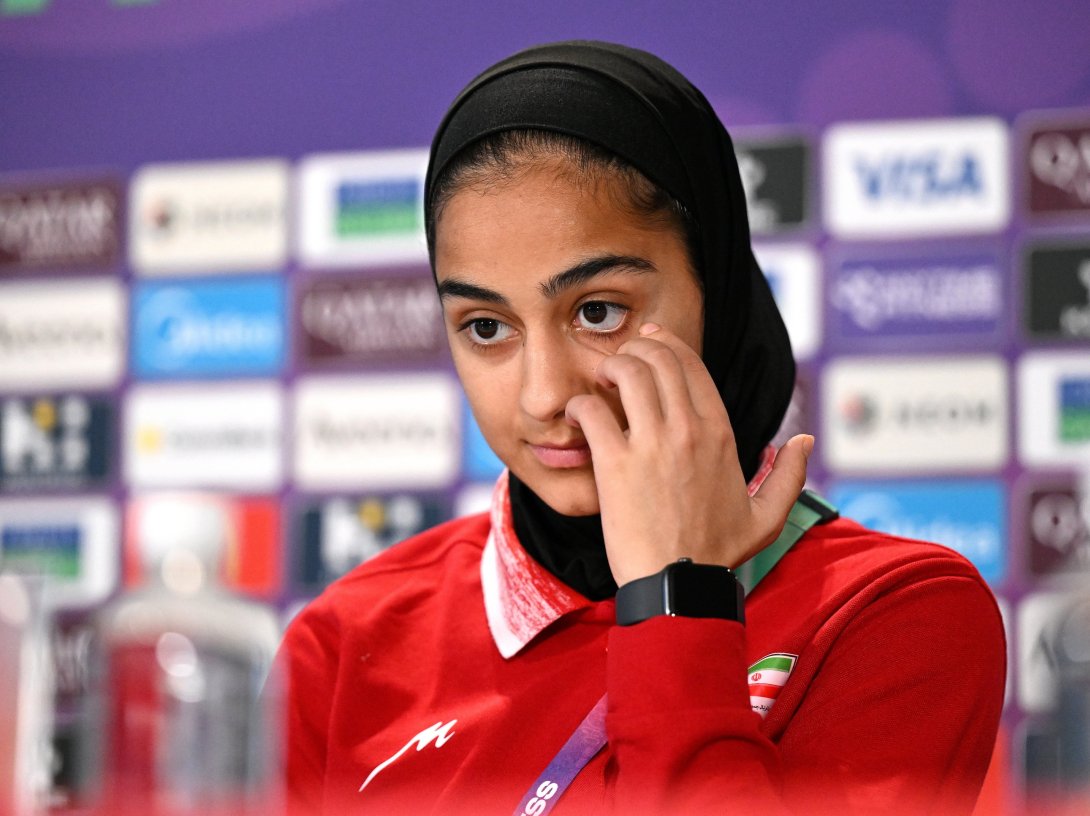Iran's Sara Didar reacts during the Iran team press conference for the Women's Asian Cup at Gold Coast Stadium on the Gold Coast, Australia, March 4, 2026. (EPA Photo)