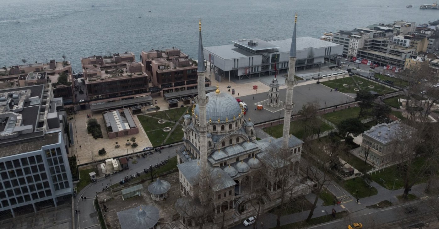 An aerial view shows Nusretiye Mosque in Tophane Square, an example of Ottoman Westernization-era architecture, Istanbul, Türkiye, March 3, 2026. (AA Photo)