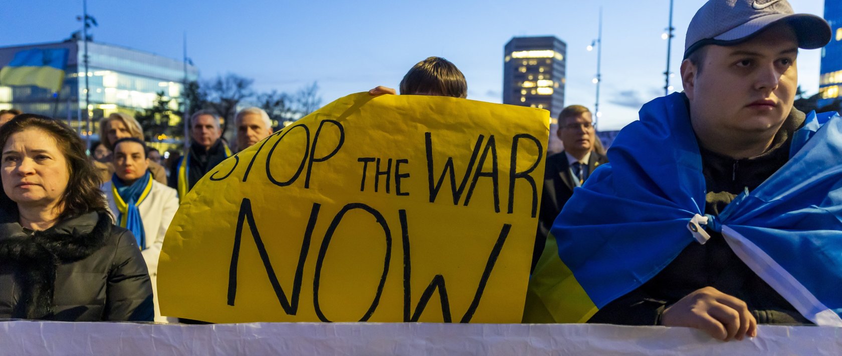 People gather during a demonstration marking the fourth anniversary of Russia’s full-scale invasion of Ukraine at Place des Nations, in front of the U.N. headquarters, Geneva, Switzerland, Feb. 24, 2026. (EPA Photo)