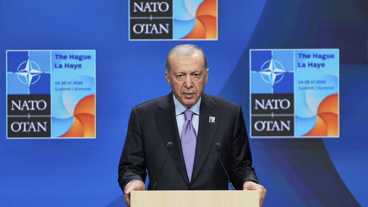 President Recep Tayyip Erdoğan speaks during a press conference after the plenary session at the NATO summit, The Hague, Netherlands, June 25, 2025. (AP Photo)