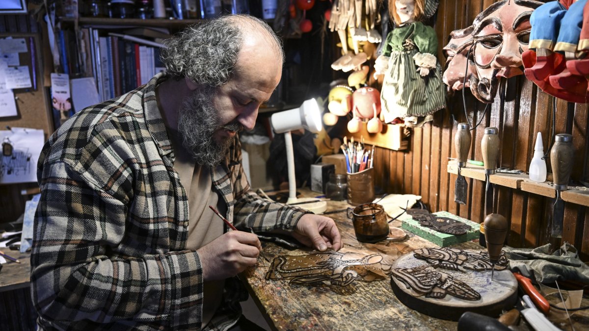 Turkish master puppeteer Cengiz Samsun works on a puppet, Istanbul, Türkiye, Feb. 24, 2026. (AA Photo)