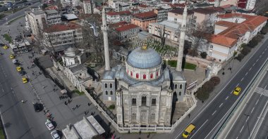 An aerial view of Pertevniyal Valide Sultan Mosque, located in one of the most visited areas of Fatih, Istanbul, Türkiye, March 4, 2026. (AA Photo)