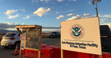 A sign marks the entrance to a series of hardened tents at the Camp East Montana immigrant detention center in the desert at a U.S. Army base on the outskirts of El Paso, Texas, U.S., Feb. 13, 2026. (AP Photo)