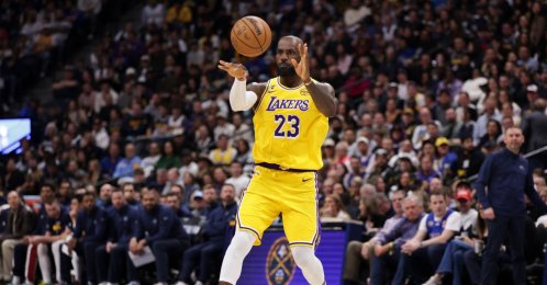 Los Angeles Lakers' LeBron James passes the ball during the second quarter against the Denver Nuggets at Ball Arena, Denver, U.S., Mar. 5, 2026. (AFP Photo)