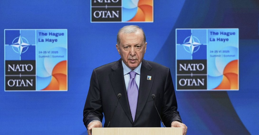 President Recep Tayyip Erdoğan speaks during a press conference after the plenary session at the NATO summit, The Hague, Netherlands, June 25, 2025. (AP Photo)