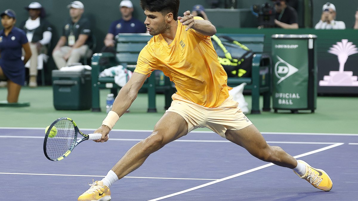 Carlos Alcaraz in action during a men’s singles match against Grigor Dimitrov at the BNP Paribas Open tennis tournament in Indian Wells, California, U.S., March 7, 2026. (EPA Photo)