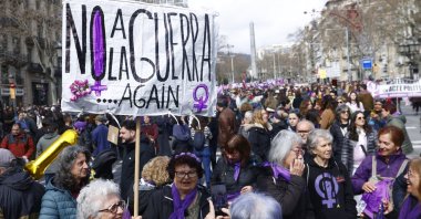 People attend a demonstration on the occasion of International Women's Day in Barcelona, Spain, March 8, 2026. (EPA Photo)
