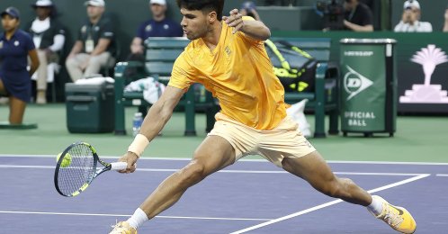 Carlos Alcaraz in action during a men’s singles match against Grigor Dimitrov at the BNP Paribas Open tennis tournament in Indian Wells, California, U.S., March 7, 2026. (EPA Photo)