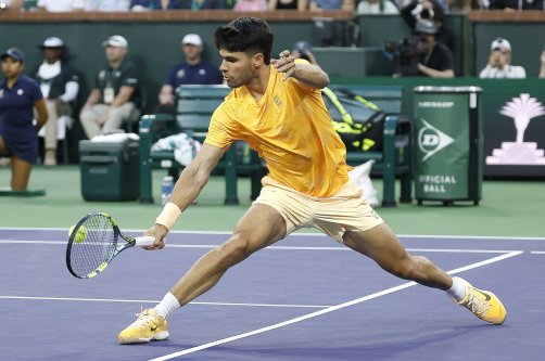 Carlos Alcaraz in action during a men’s singles match against Grigor Dimitrov at the BNP Paribas Open tennis tournament in Indian Wells, California, U.S., March 7, 2026. (EPA Photo)