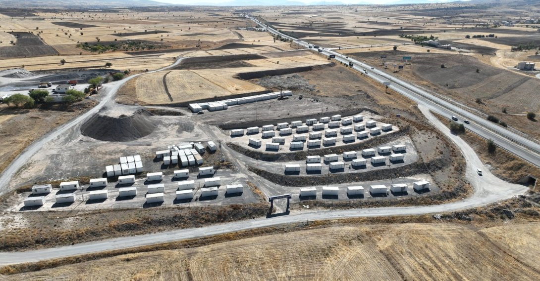 Drone footage shows the Disaster and Emergency Management Authority (AFAD) emergency container city, Kayseri, Türkiye, March 7, 2026. (AA Photo)
