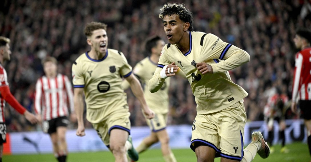 Barcelona's Lamine Yamal (R) celebrates scoring a goal during a La Liga match against Athletic Bilbao, in Bilbao, Spain, March 7, 2026. (AFP Photo)