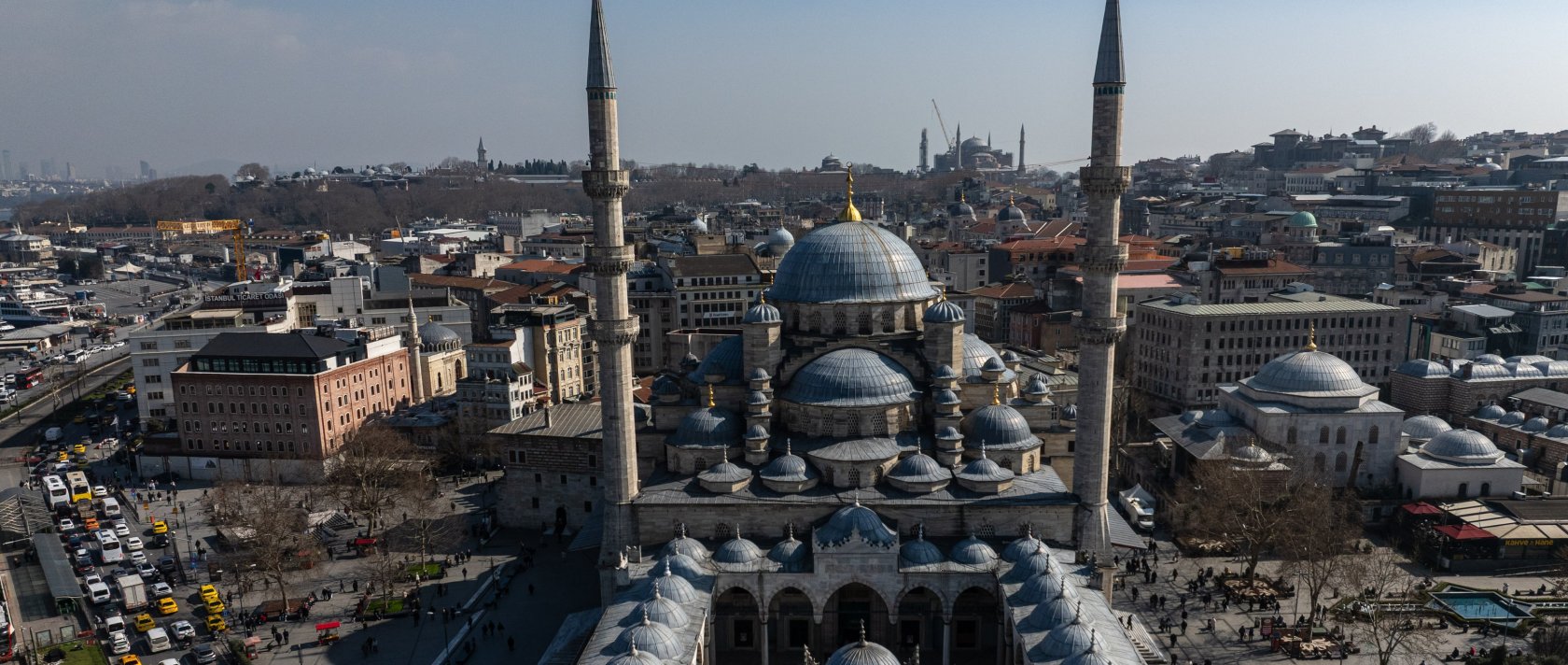 An aerial view shows the historic Yeni Mosque and its courtyard in Eminönü, Istanbul, Türkiye, March 4, 2026. (AA Photo)