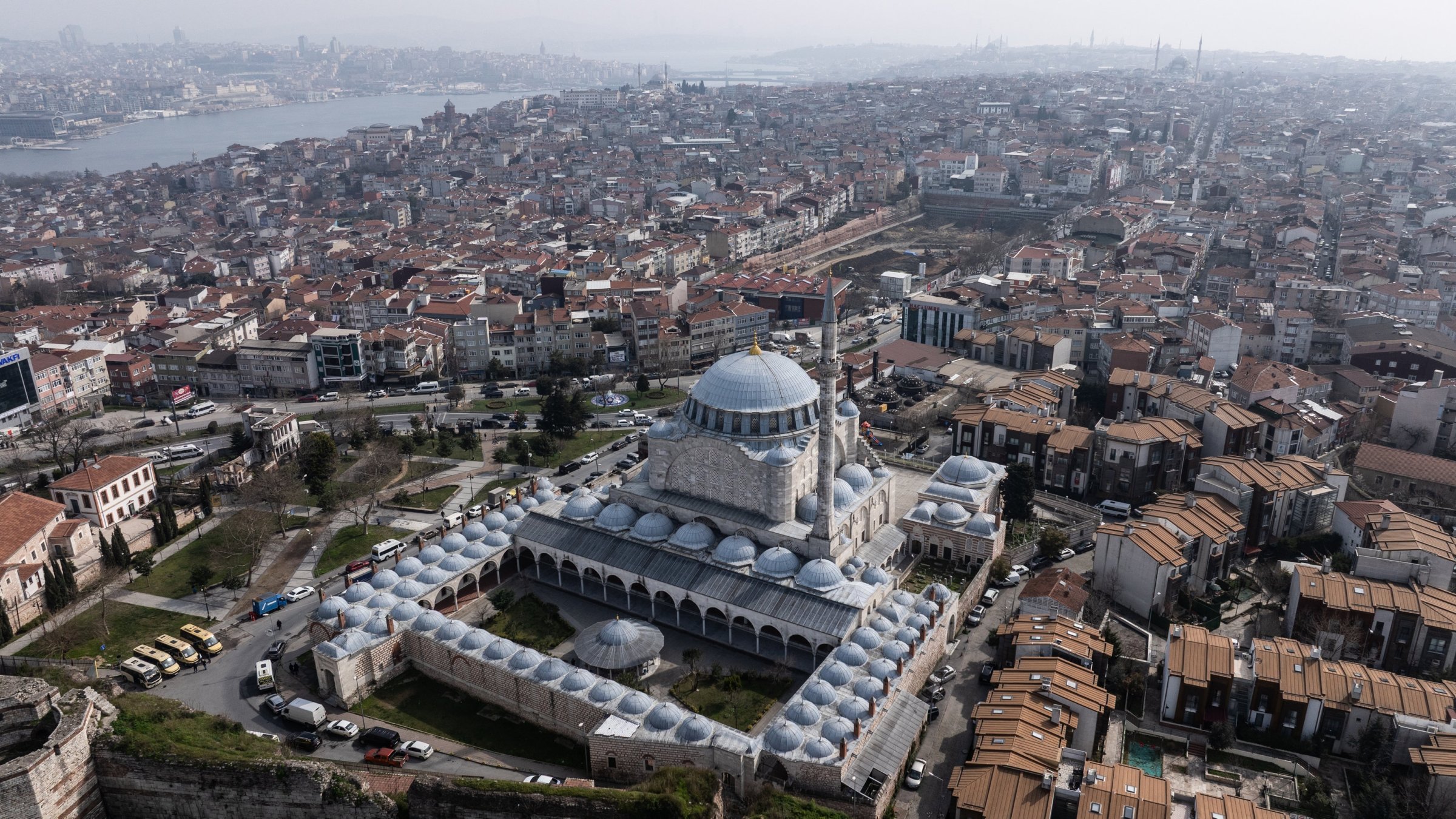 An aerial view of Edirnekapı Mihrimah Sultan Mosque and its surrounding complex, Istanbul, Türkiye, March 5, 2026. (AA Photo)