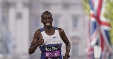 Uganda's Jacob Kiplimo crosses the line to place second in the men's race at the London Marathon, London, U.K., April 27, 2025. (AP Photo)