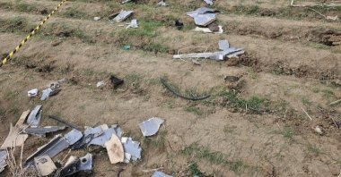 This photo shows debris of a drone near a school in Nakhchivan Autonomous Republic, Azerbaijan, March 5, 2026. (DHA Photo)
