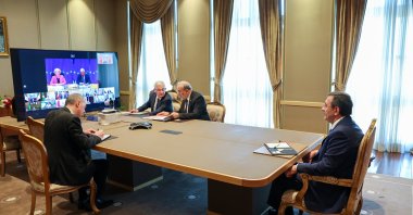 Vice President Cevdet Yılmaz, European Council President Antonio Costa, and European Commission President Ursula von der Leyen attend a virtual meeting, March 9, 2026. (AA Photo)