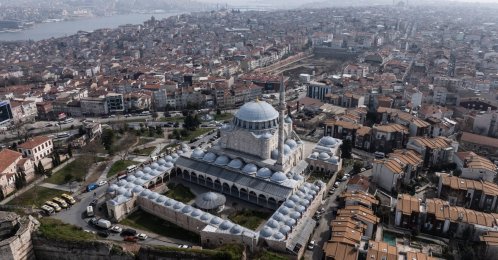 An aerial view of Edirnekapı Mihrimah Sultan Mosque and its surrounding complex, Istanbul, Türkiye, March 5, 2026. (AA Photo)