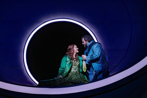 Soprano Lise Davidsen and tenor Michael Spyres as the title characters in a rehearsal of a new production of "Tristan und Isolde" opening March 9 at the Metropolitan Opera, New York, U.S., Feb. 27, 2026. (Metropolitan Opera via AP Photo)