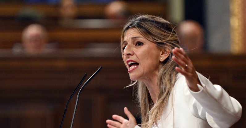 Spain's Deputy Prime Minister and Minister of Labor and Social Economy Yolanda Diaz speaks during a plenary session at the Spanish parliament in Madrid, July 9, 2025. (AFP File Photo)