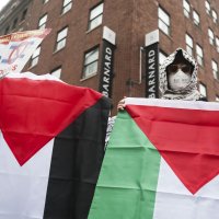 Protesters gather in support of Palestinians across the street from Columbia University's main gates, in New York, U.S., May 21, 2025. (AP Photo)
