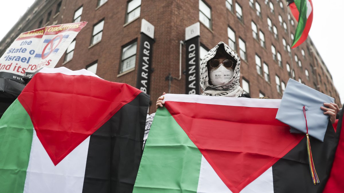 Protesters gather in support of Palestinians across the street from Columbia University's main gates, in New York, U.S., May 21, 2025. (AP Photo)