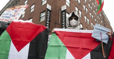 Protesters gather in support of Palestinians across the street from Columbia University's main gates, in New York, U.S., May 21, 2025. (AP Photo)
