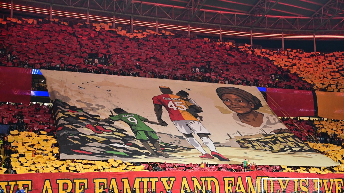 Galatasaray fans unveil a choreographed display in support of Victor Osimhen during the UEFA Champions League knockout round play-off first leg match against Liverpool at RAMS Park, Istanbul, Türkiye, March 10, 2026. (AA Photo)
