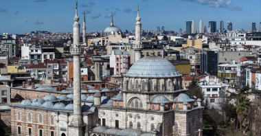 An aerial view of Laleli Mosque and its surrounding area in Istanbul, Türkiye, March 7, 2026. (AA Photo)