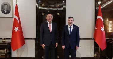 Vice President Cevdet Yılmaz (R) meets with Organization of Turkic States Secretary-General Kubanıçbek Ömüraliyev (L) at the Presidential Complex, Ankara, Türkiye, March 10, 2026. (AA Photo)