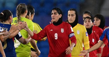 Iran player Zahra Ghanbari (C) greets players of the Philippines following the AFC Women’s Asian Cup Group A match between Iran and the Philippines at Gold Coast Stadium, Gold Coast, Australia, March 8, 2026. (EPA Photo)